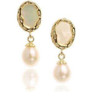 Abalone Shell & Freshwater Pearl Drop Earrings | 14K Gold Plated Hypoallergenic